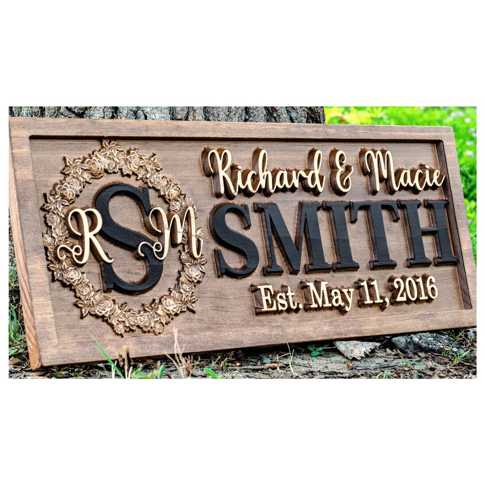 Personalized Couple Sign | Custom Wedding Gift | Last Name Sign | Established Sign Family Name Signs Custom Wood Sign Carved Wood Sign 3D Hearts 5 Year Anniversary