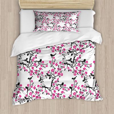 Ambesonne Cherry Blossom Duvet Cover Sets, Sakura Tree Flourishing Flowers and Birds Black Silhouettes, Bedding Set with 2 Duvet Covers & 2 Pillowcases, 2 Pack Twin Size, Pink White