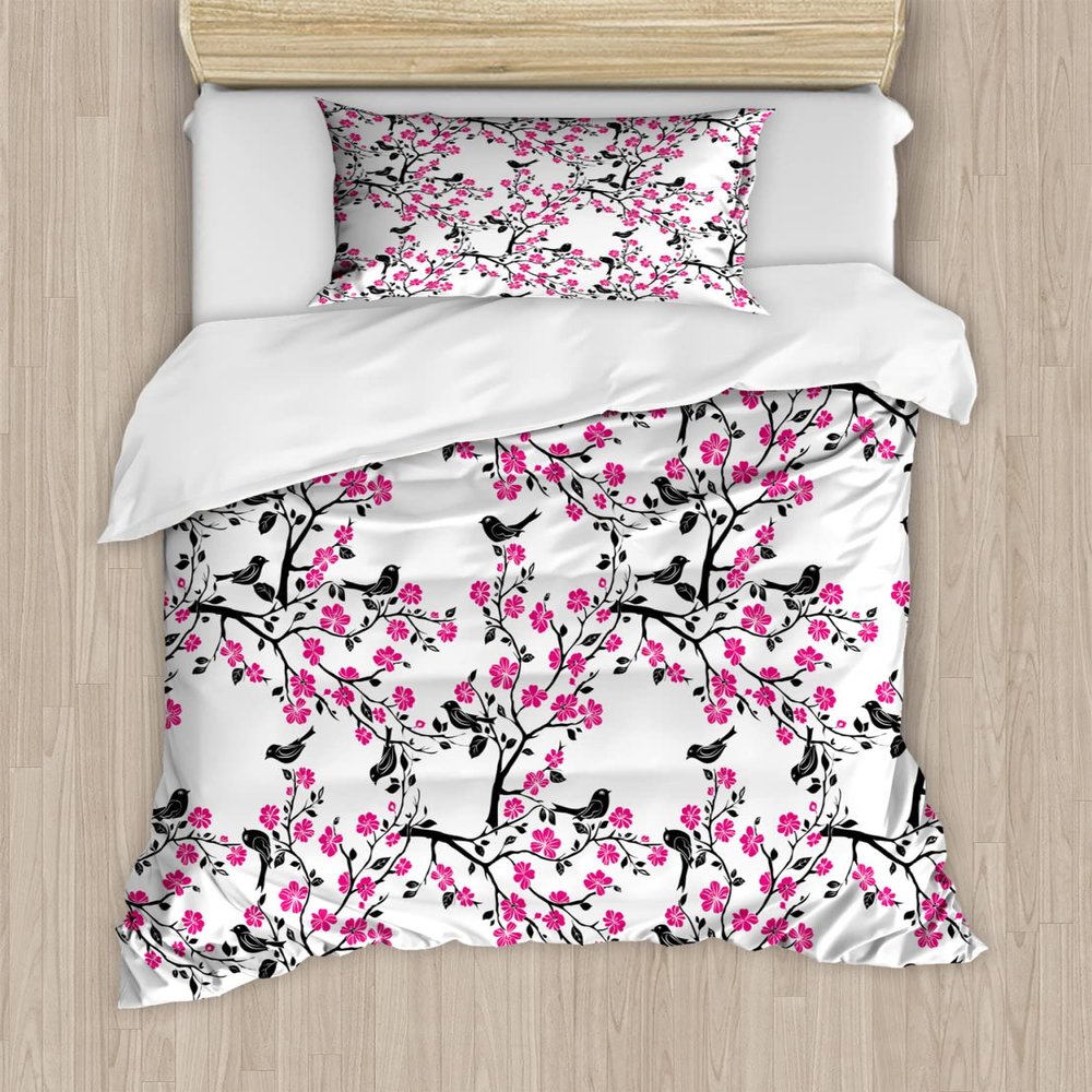 Ambesonne Cherry Blossom Duvet Cover Sets, Sakura Tree Flourishing Flowers and Birds Black Silhouettes, Bedding Set with 2 Duvet Covers & 2 Pillowcases, 2 Pack Twin Size, Pink White