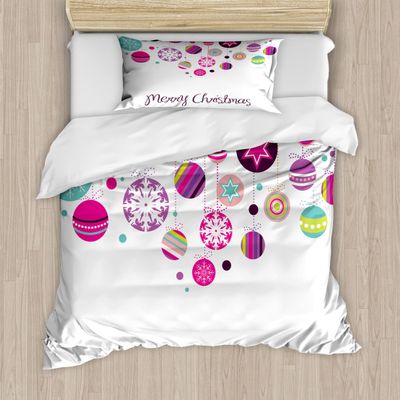 Ambesonne Christmas Duvet Cover Sets, Colorful Graphic Baubles Retro Snowflake Ornaments Celebration Hand Writing, Bedding Set with 2 Duvet Covers & 4 Pillowcases, 2 Pack Queen Size, Pastel Pink