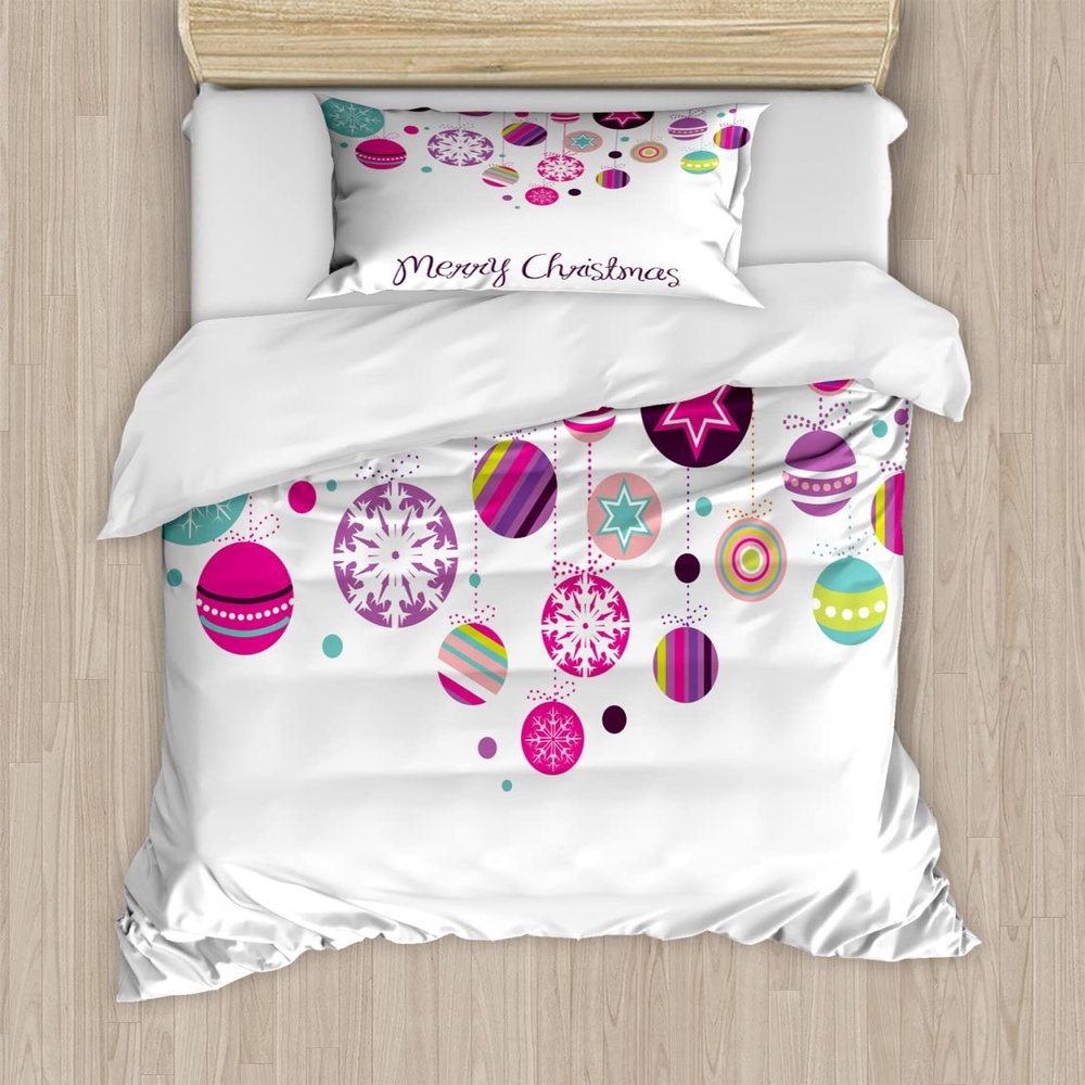 Ambesonne Christmas Duvet Cover Sets, Colorful Graphic Baubles Retro Snowflake Ornaments Celebration Hand Writing, Bedding Set with 2 Duvet Covers & 4 Pillowcases, 2 Pack Queen Size, Pastel Pink
