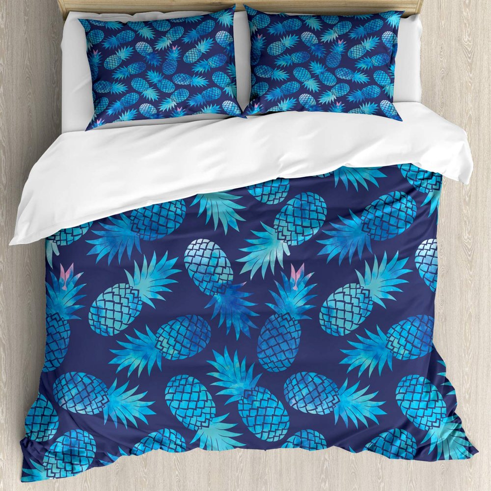 Ambesonne Modern Duvet Cover Sets, Pineapple Pattern Exotic Fruit in Digital Watercolor Illustration, Bedding Set with 2 Duvet Covers & 4 Pillowcases, 2 Pack King Size, Night Blue Turquoise