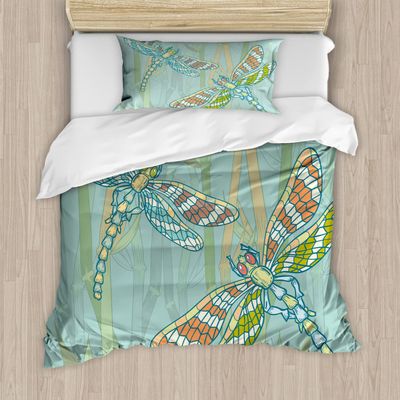 Ambesonne Dragonfly Duvet Cover Sets, Doodle Style Giant Dragonfly on Lake Bushes Nature Exotic Picture Art, Bedding Set with 2 Duvet Covers & 4 Pillowcases, 2 Pack King Size, Almond Green