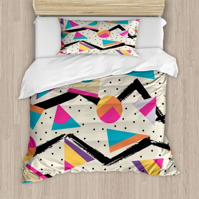 Ambesonne Indie Duvet Cover Sets, Eighties Memphis Fashion Style Geometric Abstract Colorful Design Dots Funky, Bedding Set with 2 Duvet Covers & 2 Pillowcases, 2 Pack Twin Size, Cream Pink
