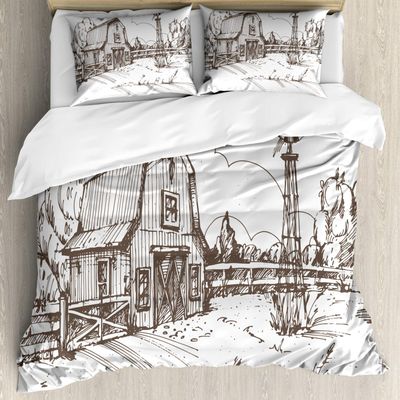 Ambesonne Windmill Duvet Cover Sets, Rustic Barn Farmhouse Hand Drawn Illustration Countryside Rural Meadow, Bedding Set with 2 Duvet Covers & 4 Pillowcases, 2 Pack Queen Size, Taupe
