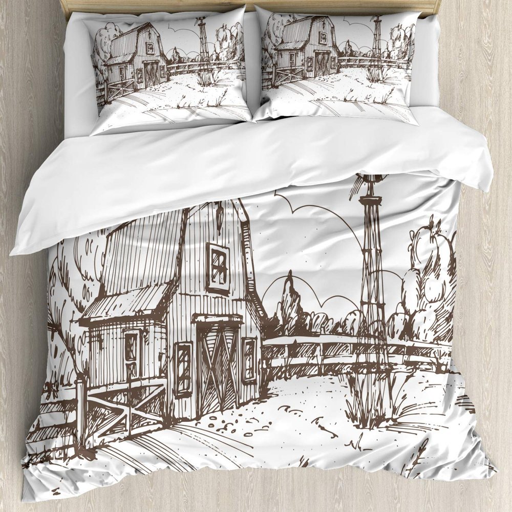 Ambesonne Windmill Duvet Cover Sets, Rustic Barn Farmhouse Hand Drawn Illustration Countryside Rural Meadow, Bedding Set with 2 Duvet Covers & 4 Pillowcases, 2 Pack Queen Size, Taupe