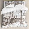 Ambesonne Windmill Duvet Cover Sets, Rustic Barn Farmhouse Hand Drawn Illustration Countryside Rural Meadow, Bedding Set with 2 Duvet Covers & 4 Pillowcases, 2 Pack Queen Size, Taupe view 1