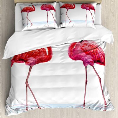 Ambesonne Animal Duvet Cover Sets, 2 Hand Drawn Flamingos in Pink Colors on Seaside Tropical Wildlife Art, Bedding Set with 2 Duvet Covers & 4 Pillowcases, 2 Pack Queen Size, Orange Lavender