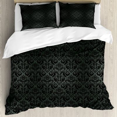 Ambesonne Dark Grey Duvet Cover Sets, Black Damask and Floral Elements Oriental Antique Ornament Vintage, Bedding Set with 2 Duvet Covers & 4 Pillowcases, 2 Pack King Size, Black Grey