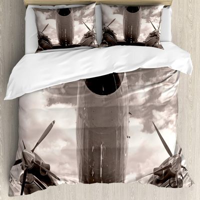 Ambesonne Vintage Airplane Duvet Cover Sets, Turboprop Airplane Nose Close up View and Cloudy Sky Aviation Historic, Bedding Set with 2 Duvet Covers & 4 Pillowcases, 2 Pack King Size, Sepia White