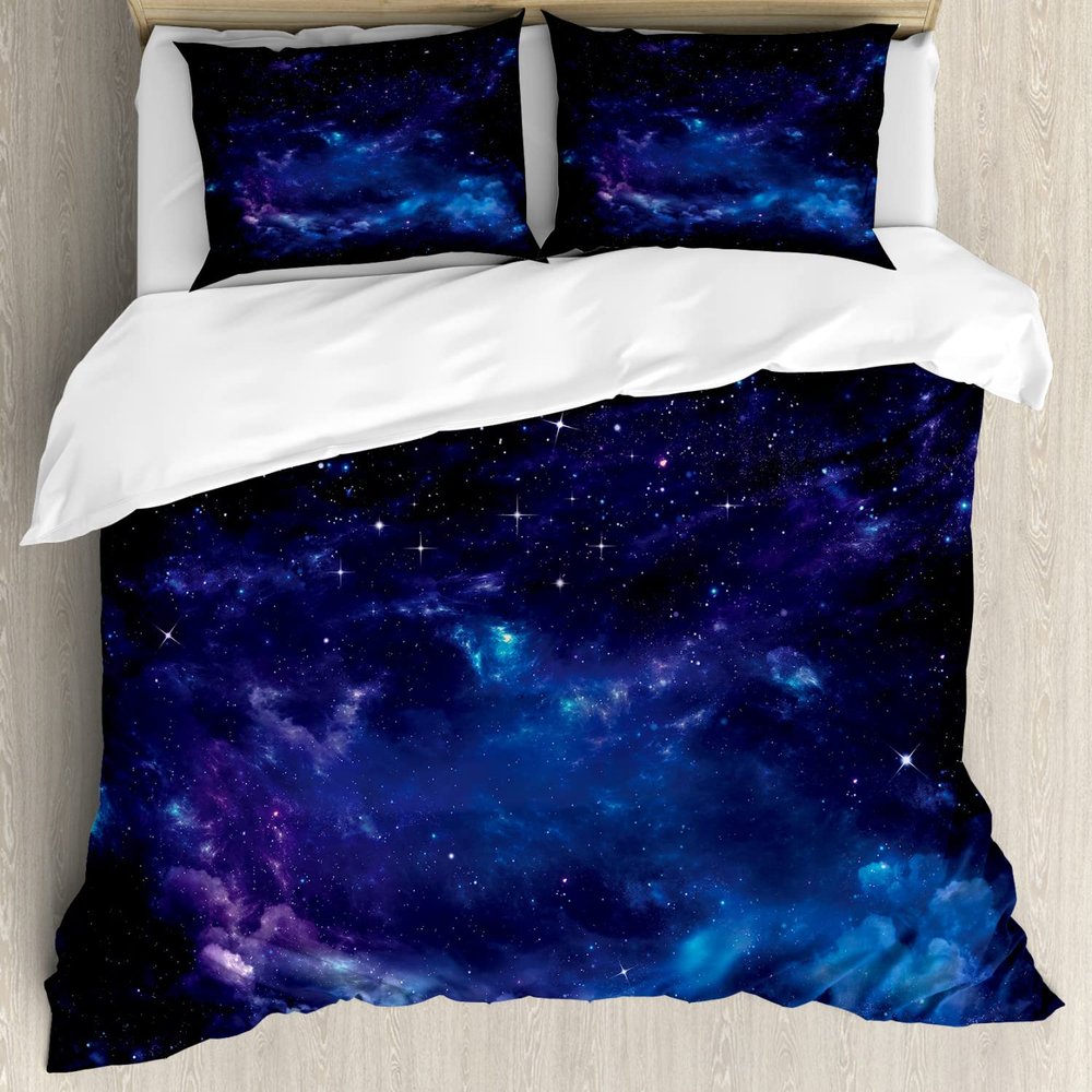 Ambesonne Sky Duvet Cover Sets, Space Night Time Universe Stars and Nebulas Distant Parts of Galaxy, Bedding Set with 2 Duvet Covers & 4 Pillowcases, 2 Pack Queen Size, Purple Charcoal Grey
