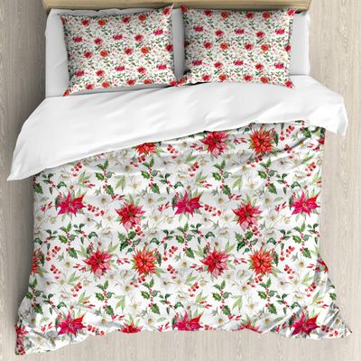 Ambesonne Watercolor Duvet Cover Sets, Fresh Poinsettia Flowers and Rowan Berry Branches Christmas Garden, Bedding Set with 2 Duvet Covers & 4 Pillowcases, 2 Pack Queen Size, Vermilion Green Magenta