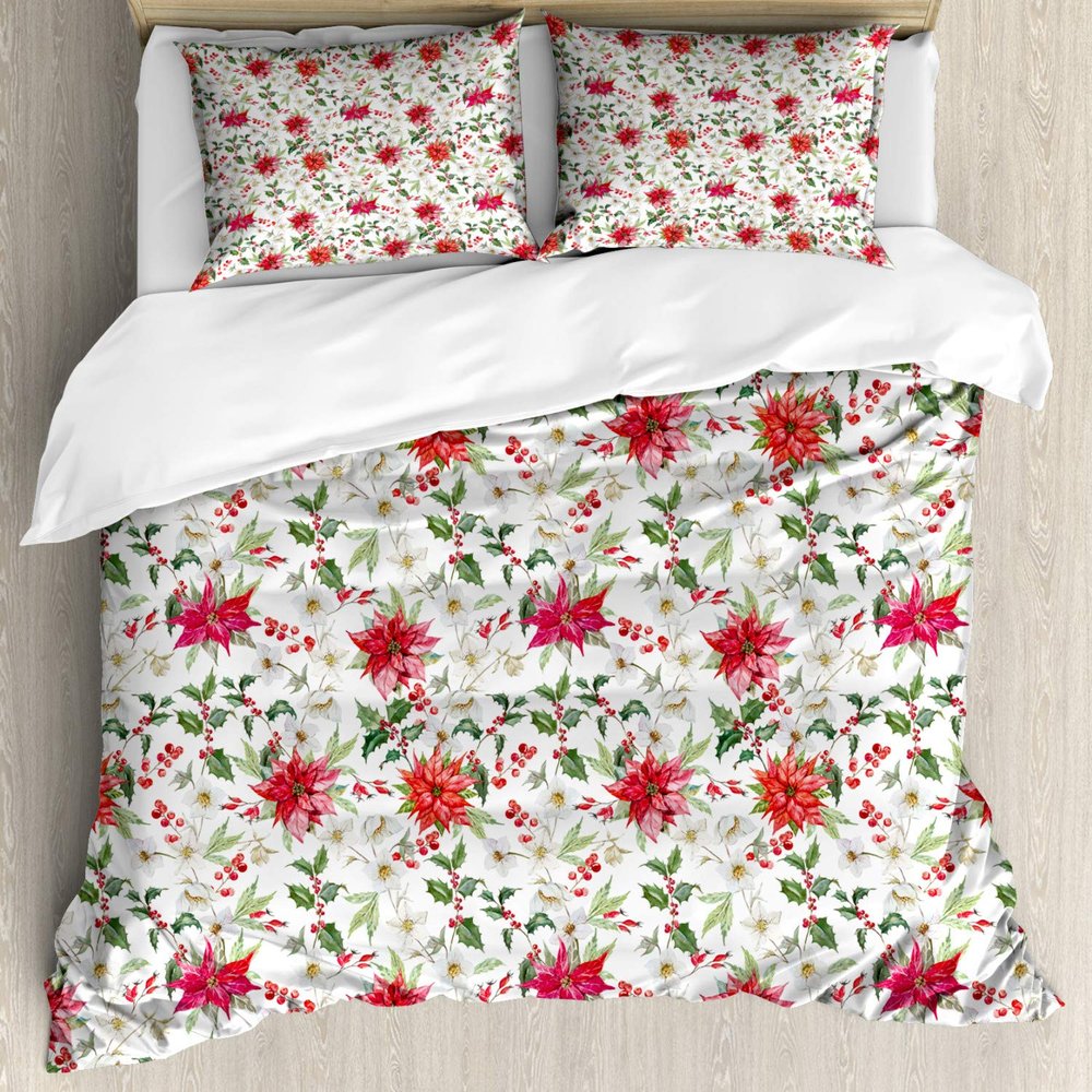 Ambesonne Watercolor Duvet Cover Sets, Fresh Poinsettia Flowers and Rowan Berry Branches Christmas Garden, Bedding Set with 2 Duvet Covers & 4 Pillowcases, 2 Pack Queen Size, Vermilion Green Magenta