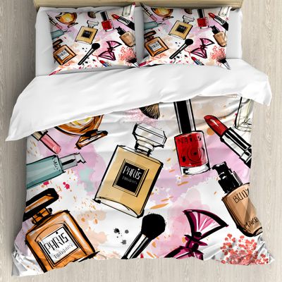 Ambesonne Fashion Duvet Cover Sets, Cosmetic and Makeup Theme Pattern Perfume Lipstick Nail Polish Brush Modern, Bedding Set with 2 Duvet Covers & 4 Pillowcases, 2 Pack Queen Size, Coral White