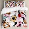 Ambesonne Fashion Duvet Cover Sets, Cosmetic and Makeup Theme Pattern Perfume Lipstick Nail Polish Brush Modern, Bedding Set with 2 Duvet Covers & 4 Pillowcases, 2 Pack Queen Size, Coral White view 1