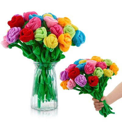 Deekin 24 Pcs Plush Rose Flowers Colorful Stuffed Flower Plush Bouquet Bendable Stems 12.5 Inch Plant Soft Roses for Valentine Day Wedding Marriage Holiday Women Wife Gift Decoration Supply