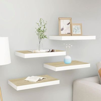 FAMIROSA 4PCS Floating Wall Shelves, Oak and White Wall Mounted Shelves with Invisible Brackets for Bedroom Living Room Bathroom Kitchen, Shelves for Wall Decor Storage, 15.7" x 9.1" x 1.5"