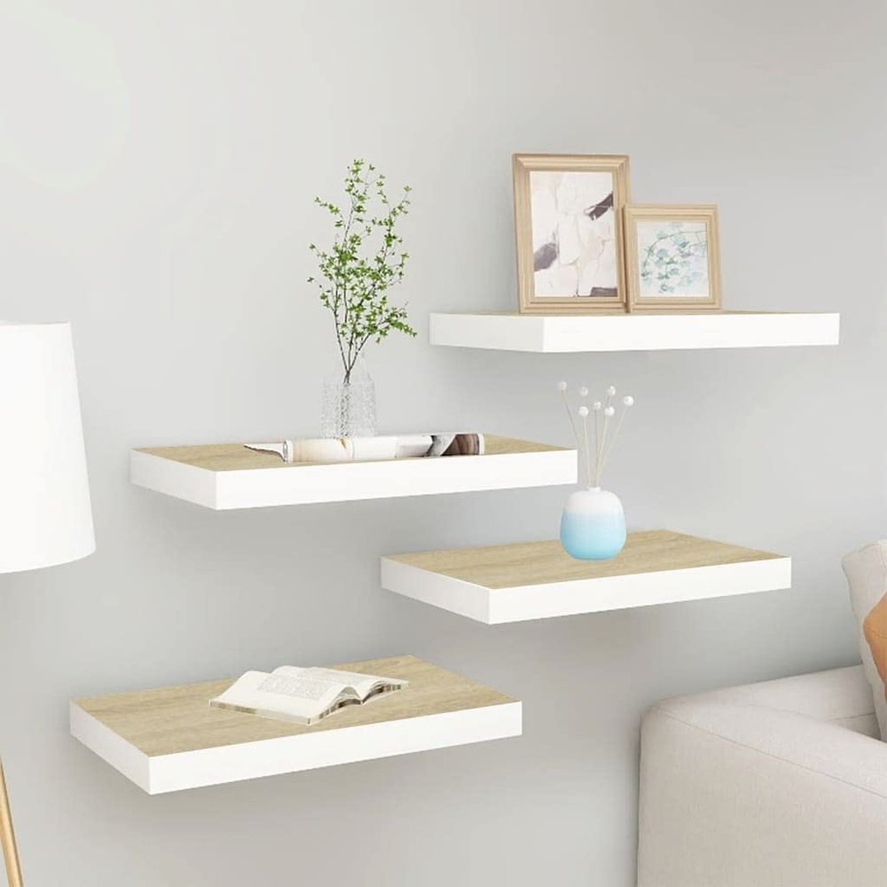 FAMIROSA 4PCS Floating Wall Shelves, Oak and White Wall Mounted Shelves with Invisible Brackets for Bedroom Living Room Bathroom Kitchen, Shelves for Wall Decor Storage, 15.7" x 9.1" x 1.5"