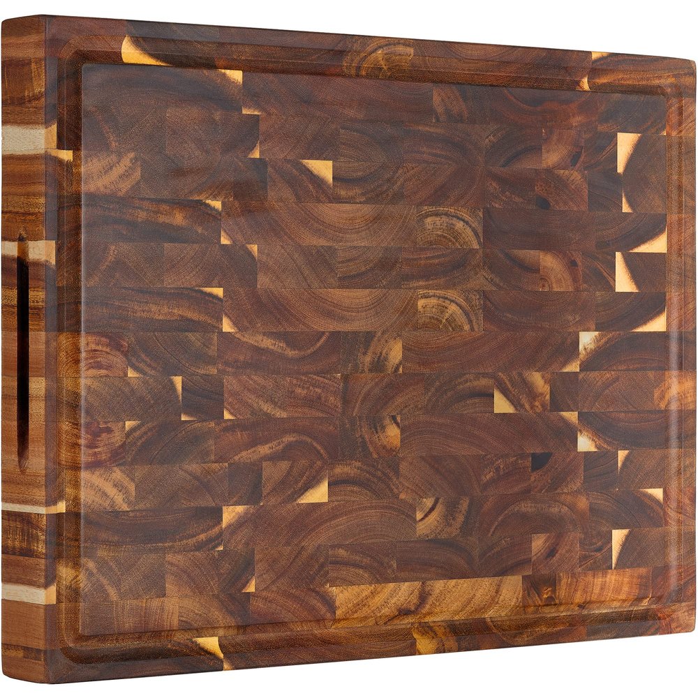 AZRHOM Large Thick End Grain Acacia Wood Butcher Block 17x13x1.5 in Wood Cutting Board for Kitchen with Non-slip Mats Juice Groove & Handles (Gift Box)