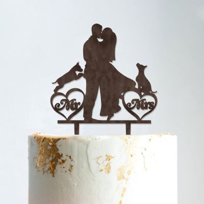 Mr And Mrs Engagement Cake Topper Bride And Groom with Pet Wedding Cake Topper Couple Silhouette Personalized Wedding Cake Topper Rustic Wedding Cake Topper Brown Wood, 6 Inch