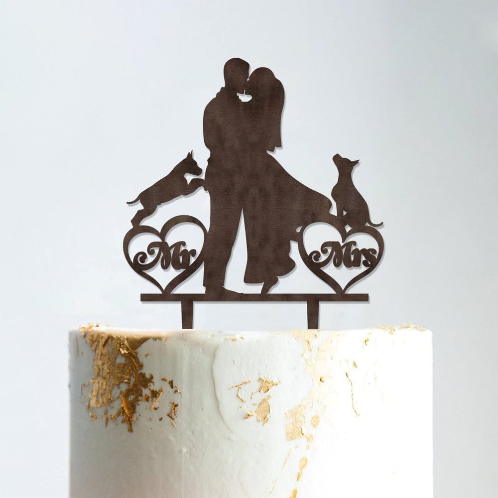 Mr And Mrs Engagement Cake Topper Bride And Groom with Pet Wedding Cake Topper Couple Silhouette Personalized Wedding Cake Topper Rustic Wedding Cake Topper Brown Wood, 6 Inch