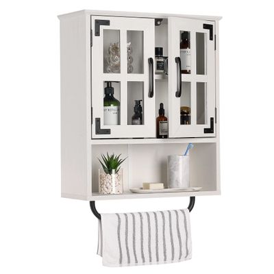 RUSTOWN Wood Wall Storage Cabinet with Cross Glass Doors, Farmhouse Wall Mounted, 3 Tier Rustic Cabinet with Adjustable Shelves and Towel Bar for Bathroom, Living Room, Vintage White