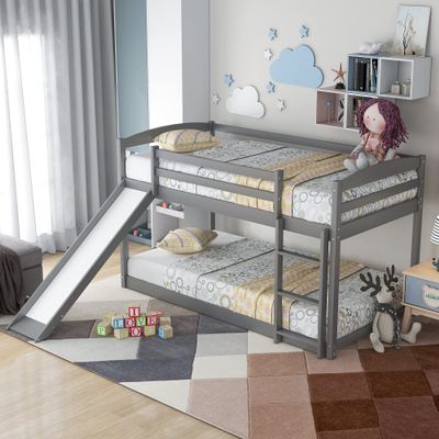 TOPAMZER Twin Over Twin Bunk Bed with Convertible Slide and Ladder, Low Pine Wood Bunk Bed Frame for Boys Girls Gifts (Grey)