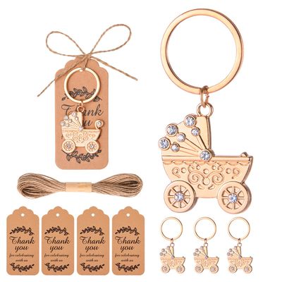 24 PCS Baby Carriage Keychain Party Favors Baby Carriage Key Ring for Party Decorations Baby Shower Key Chain Thank You Gifts for Guest Wedding Party Favor Souvenirs with Tags and Silk Bags, Twine