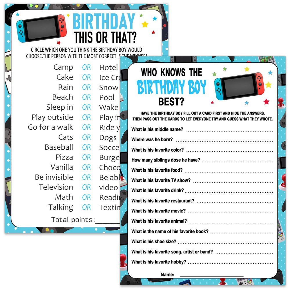 ALodr 20 Birthday Game Cards - 2 Games, This Or That and Who Knows The Birthday Boy Best Party Activity