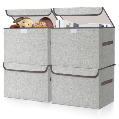 Bagnizer Linen Fabric Foldable Storage Cube Bin Organizer Basket with Flip-Top Lid & Handles, Large Clothes Blanket Box for Home, Office, Closet, Light Gray, 4 Pack 14.6 x 9.5 x 9.5