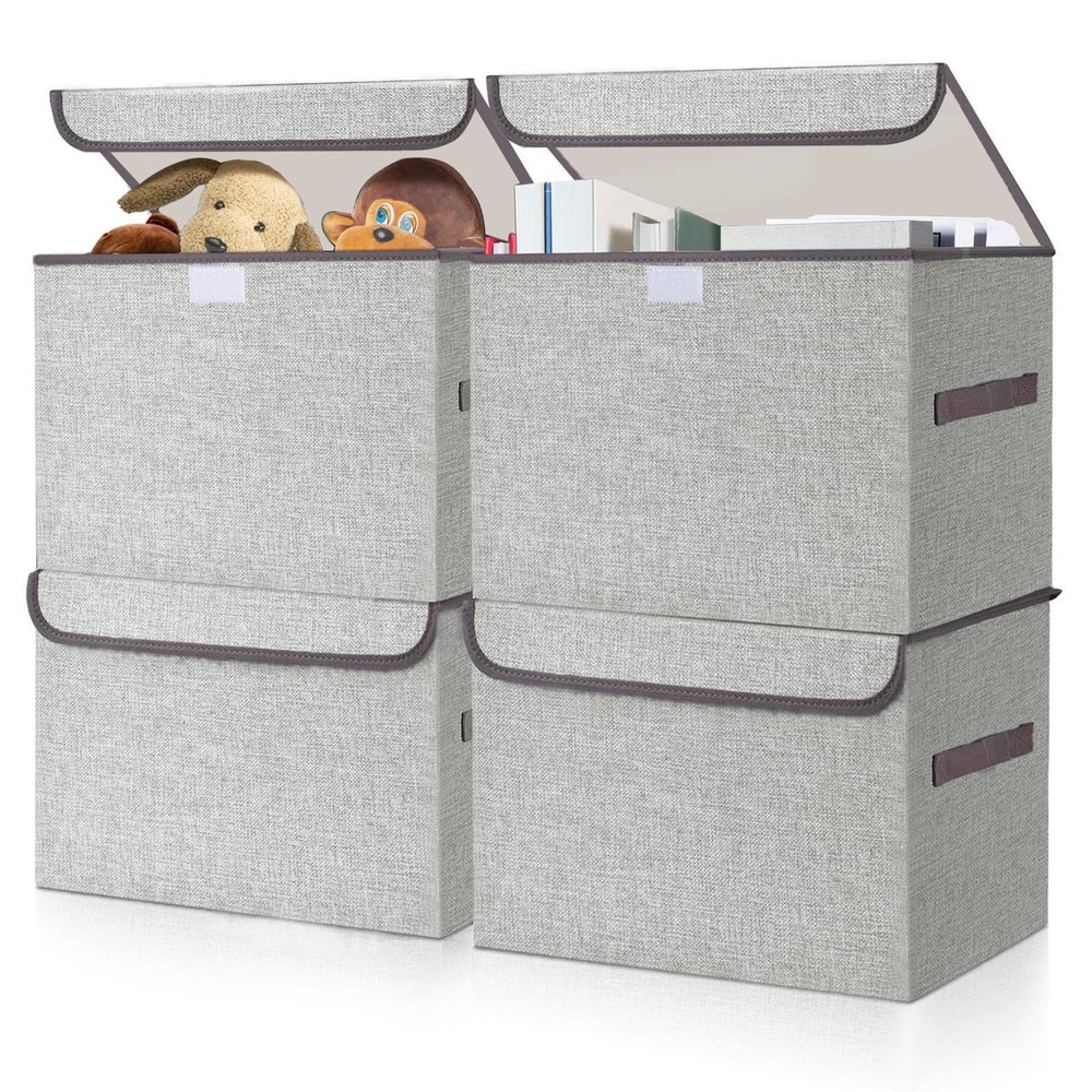 Bagnizer Linen Fabric Foldable Storage Cube Bin Organizer Basket with Flip-Top Lid & Handles, Large Clothes Blanket Box for Home, Office, Closet, Light Gray, 4 Pack 14.6 x 9.5 x 9.5