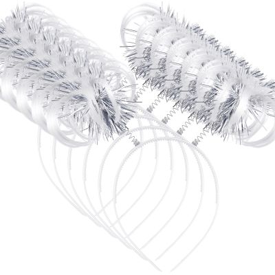 WILLBOND 6 Pcs Pom Pom Headbands Tinsel Wrapped Crazy Headwear Hair Accessories for Spirit Week Carnival Bachelorette(White)