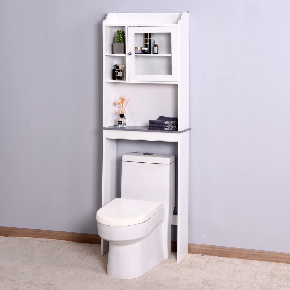 NCKMYB Bathroom Cabinet Over The Toilet, Bathroom Organizer with Adjustable Shelves and Open Cube, Space Saver Toilet Stands (Transparent Door)