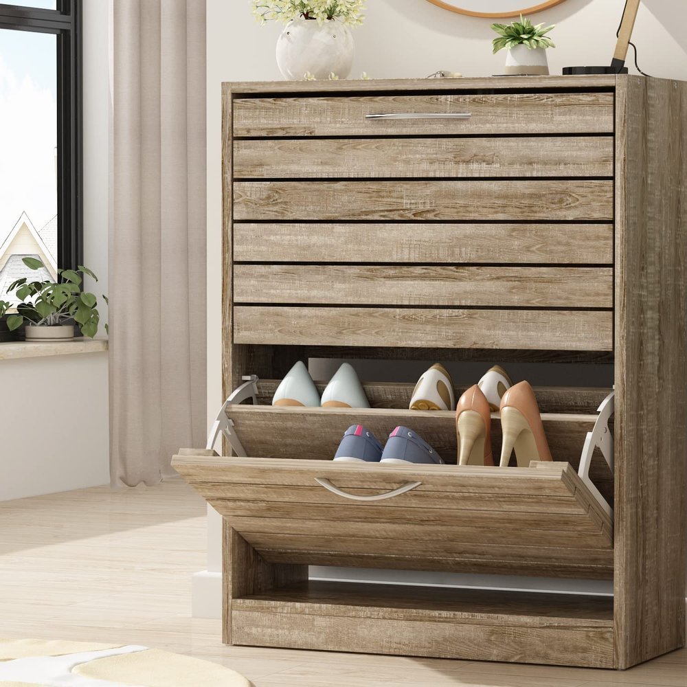 AIEGLE Shoe Storage Cabinet with 2 Flip Drawers for Entryway, Freestanding Shoe Rack Shoe Organiazer with Louver Drawers, Wood Color (22.4" W x 9.4" D x 29.5" H)