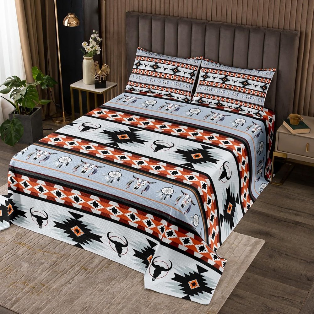 Aztec Bedspread King,Southwestern Coverlet Set Exotic Bull Skull Quilted for Kids Child,Dream Catchers Quilt Set Ethnic Tribal Feather Design Western Animals Boho Decor Red Black