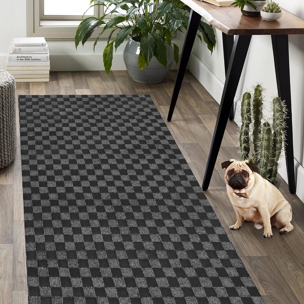 Weidear Hallway Runner Rug with Rubber Backing, Laundry Room Rug Non Slip, Washable Outdoor Indoor Rug Carpet Runner, Customized Area Rugs Mat for Entryway, Balcony, Deck-4FT x 47FT, Gray Checkered