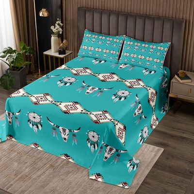 Aztec Bedspread King,Southwestern Coverlet Set Exotic Bull Skull Quilted for Kids Child,Dream Catchers Quilt Set Ethnic Tribal Feather Design Western Animals Room Decor,Green