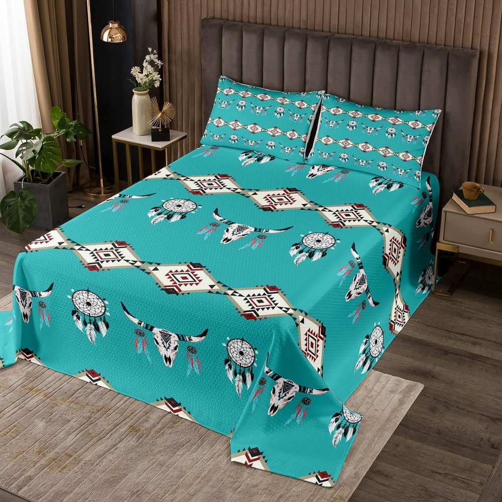 Aztec Bedspread King,Southwestern Coverlet Set Exotic Bull Skull Quilted for Kids Child,Dream Catchers Quilt Set Ethnic Tribal Feather Design Western Animals Room Decor,Green