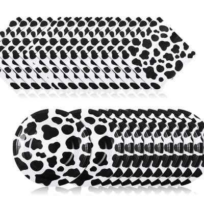120 Pcs Brown Cow Print Birthday Party Supplies - Disposable Paper Tableware with 7 In Cow Print Plates and Napkins for Farm Birthday Party (Black, White)