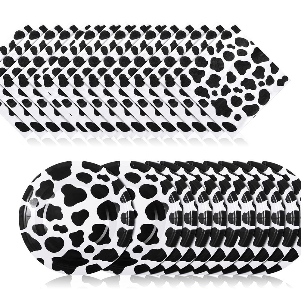 120 Pcs Brown Cow Print Birthday Party Supplies - Disposable Paper Tableware with 7 In Cow Print Plates and Napkins for Farm Birthday Party (Black, White)