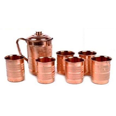 Copper Jug with Glass, Set of 7, 2000ml and 300ml
