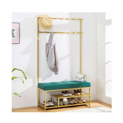 LHHL 3-in-1 Entryway Hall Tree Coat Rack Heavy Duty MDF Coat Stand with Storage Shelf Bench Hooks Industrial Furniture with Stable Metal Frame (Color : Gold Green, Size : 60x35x175cm)