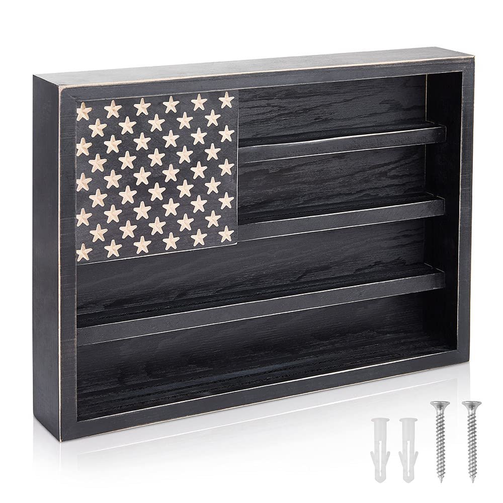Challenge Coin Display Case, Coin Holder Wooden American Flag Wall Decor, Government Military Challenge Coin Rack Display Medal Display Case(11.8" L x 15.7" W)