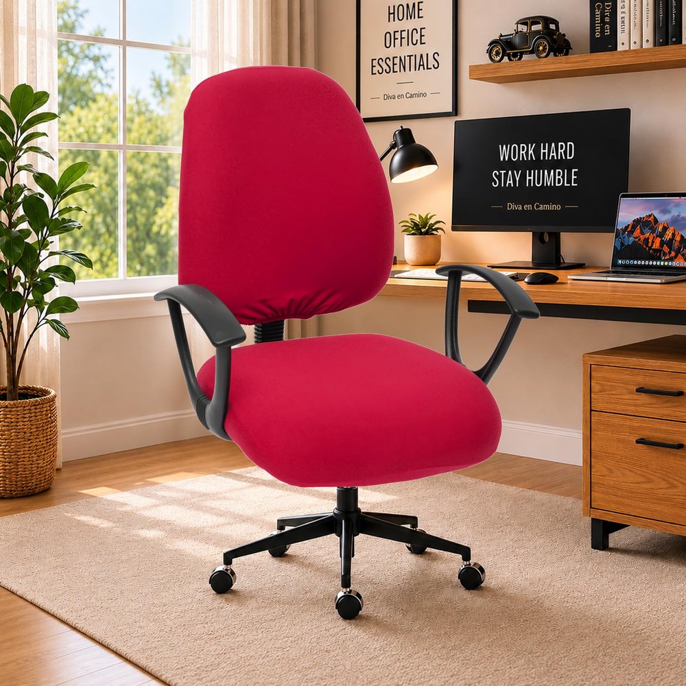 Stretchable Separate Office Chair Seat Covers - Universal Stretch Computer Chair Slipcover - 180GSM Washable Rotating Backrest Coverings & Cushion Protectors for Dogs, Cats, Pets, Red
