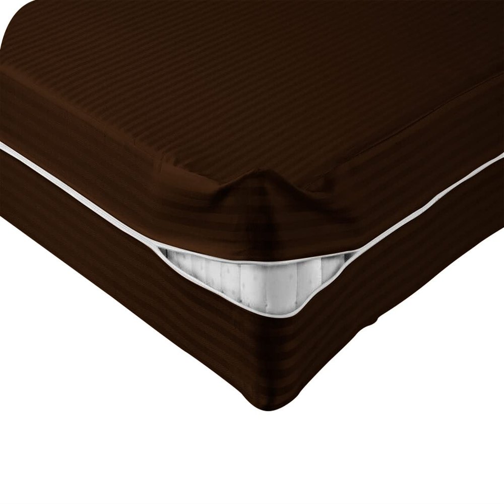 Kings Loft 100% Egyptian Cotton Mattress Cover, 1000 Thread Counts 4 Inch Deep Pocket Twin XL Size, Stripe Chocolate Zipper Around The Mattress