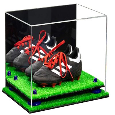 Better Display Cases Acrylic Kids Shoes Display Case - Medium Rectangle Box with Mirror Case, Red Risers and Turf Base 12" x 8.25" x 8" (A004/ V41)