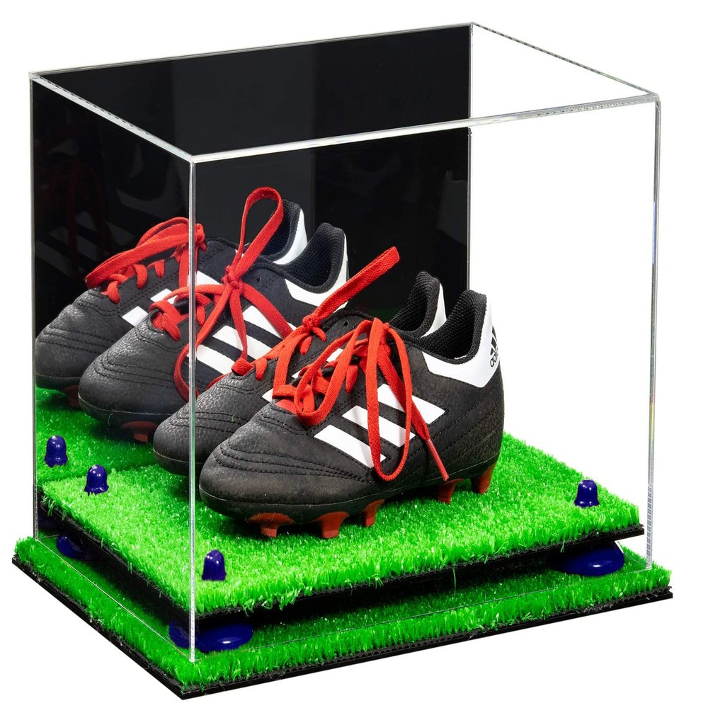 Better Display Cases Acrylic Kids Shoes Display Case - Medium Rectangle Box with Mirror Case, Red Risers and Turf Base 12" x 8.25" x 8" (A004/ V41)