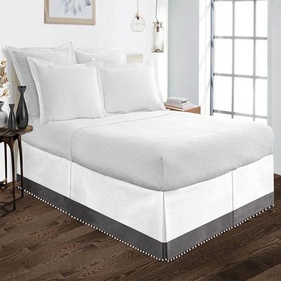 Amuze Bedding Pom Pom Two Tone BedSkirt 100% Egyptian Cotton Top-Knot Tassle White Pompom Fringe Solid Pattern, 16 Inch Drop, Full(White/Dark Grey)