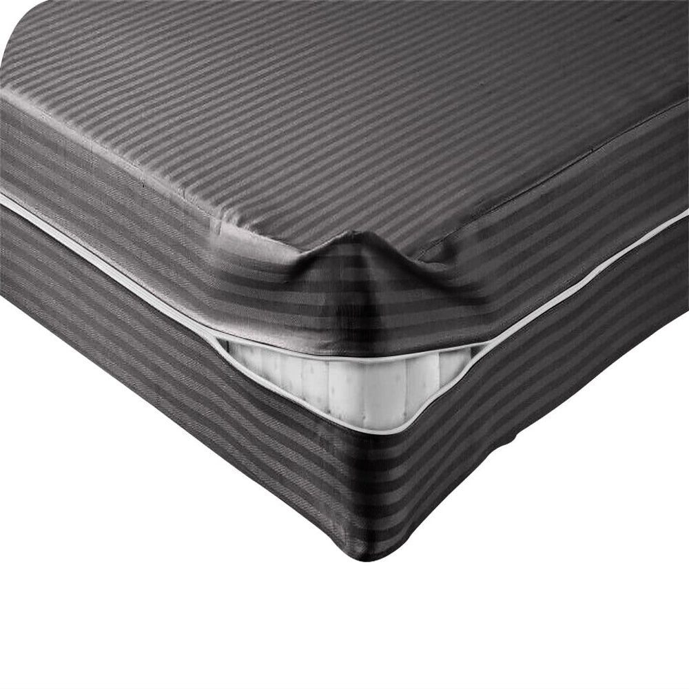 Kings Loft 100% Egyptian Cotton Mattress Cover, 1000 Thread Counts 4 Inch Deep Pocket Full Size, Stripe Dark Grey Zipper Around The Mattress