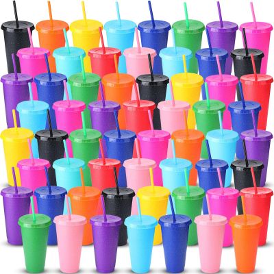 Potchen 72 Pcs Christmas Glitter Reusable Tumbler with Straws and Lids, Plastic Cup with Lids and Straws Bulk, Water Bottle Iced Coffee Cold Drink Travel Mug, Colorful Cups for Party Birthdays